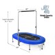 Foldable blue mini trampoline for kids with adjustable height, sturdy frame, and foam-padded handle for safe bouncing.