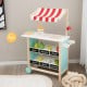 Kids wooden ice cream cart showcasing colorful toy fruits, a red-striped canopy, and a chalkboard for creative play.
