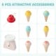 Colorful wooden ice cream accessories including cones and a bell, perfect for imaginative play with the ice cream cart.