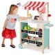 Kids wooden ice cream cart with chalkboard, featuring storage shelves and toy accessories for imaginative play.