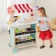 Kids wooden ice cream cart with chalkboard, featuring toy accessories and storage shelves, perfect for imaginative play.