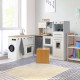 Side view of the 2-piece wooden kids kitchen playset showcasing the vibrant stove and ample storage cabinets for.