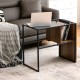 C-shaped side table with oak tabletop and black steel frame, perfect for working or snacking beside a sofa.