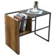 C-shaped side table with oak tabletop and black steel frame, featuring a storage shelf for books and snacks.