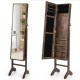 Standing jewelry cabinet with full-length mirror, brown MDF, ample storage, lockable door, soft velvet lining for.