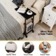 C-shape black sofa side table with storage basket and adjustable height, ideal for living room or bedroom use.