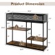 4-tier industrial console table with wire basket and shelves, featuring rustic brown MDF and steel, ideal for living.