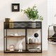 4-tier industrial console table in rustic brown with wire basket and shelves, ideal for living room or entryway storage.