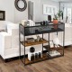 Industrial console table with wire basket and rustic brown finish, showcasing three shelves for stylish storage.