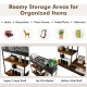 4-tier industrial console table in rustic brown with wire basket and shelves, ideal for organized storage in any room.