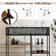 4-tier industrial console table in rustic brown with wire basket and shelves, featuring anti-toppling device for safety.