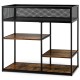 4-tier industrial console table in rustic brown with wire basket and three shelves, ideal for living room or entryway.