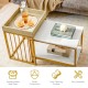 Nesting coffee table set featuring a white MDF surface and gold powder-coated steel frame, ideal for living room use.