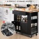 Kitchen island cart in black with a spacious countertop, drawer, and spice rack, ideal for kitchen organization.