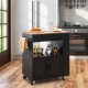 Rolling kitchen island cart in black with a spacious countertop, drawer, and spice rack, perfect for versatile storage.