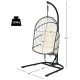 Side view of the hanging wicker egg chair with stand in beige, showcasing its spacious design and sturdy triangular.