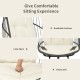 Hanging wicker egg chair with beige cushions, featuring a spacious design for comfort and safety for indoor or outdoor.