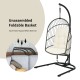 Hanging wicker egg chair with stand in beige, featuring a sturdy steel frame and comfortable cushions for indoor or.