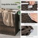 Detail view of the brown laundry hamper's built-in handles and waterproof PE rattan, designed for easy transport and.