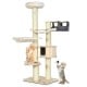 Multi-level 77.5-inch cat tree in cream white with sisal posts, plush pads, and dangling fur balls for feline fun.