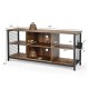 Mid-century wooden TV stand in rustic brown with 3-tier shelves and storage basket, suitable for TVs up to 65 inches.