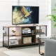 Mid-century wooden TV stand in rustic brown with storage basket, suitable for TVs up to 65 inches, featuring 3-tier.