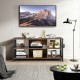 Mid-century wooden TV stand in rustic brown with 3-tier shelves and storage basket, ideal for TVs up to 65 inches.