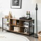 Mid-century wooden TV stand in rustic brown with industrial design and cable management holes for stylish organization.
