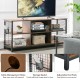 Mid-century wooden TV stand in rustic brown with storage basket, cable management holes, and adjustable foot pads for.