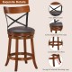 Bar stool with rubber wood legs, 360-degree swivel seat, and curved backrest for comfort in kitchens or bars.