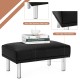 Rectangle tufted ottoman in black with stainless steel legs, ideal as a footrest or side table for living room use.