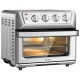 Stainless steel 21.5 QT air fryer toaster oven with convection cooking, 7 modes, and easy control knobs for family.