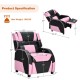 Kids youth PU leather gaming sofa recliner in pink with dimensions shown, designed for comfort during gaming and.