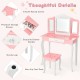 Kids pink vanity table with tri-folding mirror, storage drawer, and non-slip foot pads for safety and stability.