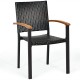 Black outdoor patio wicker dining chair with acacia wood armrests, featuring a powder-coated steel frame for durability.