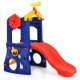 Freestanding kids slide with basketball hoop and ring toss, made of non-toxic HDPE, designed for indoor and outdoor fun.