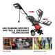 14-inch electric tiller with a 10-amp motor, foldable design, and ergonomic handle for easy gardening tasks.
