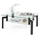 Rectangular glass coffee table with black metal tube legs, featuring a 2-tier design for storage and display in living.