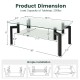 Rectangular glass coffee table with black metal tube legs, featuring dimensions and a 200lbs load capacity for.