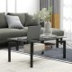 Rectangular glass coffee table with black metal legs, featuring a lower shelf for storage, perfect for living room use.