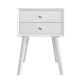 White wooden nightstand with two storage drawers, featuring a sturdy design and retro style for efficient space use.