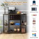 47-inch rustic brown wine rack table with glass holder, featuring 3-tier shelves for 18 bottles and 8 glasses.