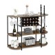 Rustic brown 47-inch wine rack table with glass holder, storage shelves, and capacity for 18 wine bottles, ideal for.