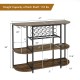 47-inch rustic brown wine rack table with glass holder and storage shelves, featuring a 3-tier design for 18 bottles.