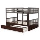Full over full bunk bed in brown wood with trundle, featuring sturdy slats and high guardrails for safety in compact.