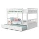 Full over full bunk bed in white wood with integrated trundle, showcasing a modern design perfect for compact kid's.