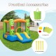 Brightly colored inflatable bounce house with slide, built-in basketball hoop, and carrying bag for kids' outdoor fun.