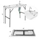 Folding cleaning sink table with sprayer, 45" x 23", durable plastic surface, ideal for outdoor cleaning tasks.