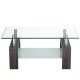 Rectangular coffee table with a clear tempered glass top and black MDF base, featuring a bottom shelf for storage.