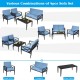4-piece patio furniture set featuring 2 single sofas, 1 loveseat, and a side table in blue cushions with aluminum frame.